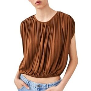 ZARA TRAFALUC Brown Pleated Scoop Neck Short Sleeve Top Medium